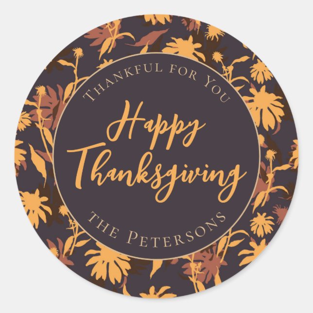 Modern Elegant Happy Thanksgiving Coneflowers Classic Round Sticker (Front)