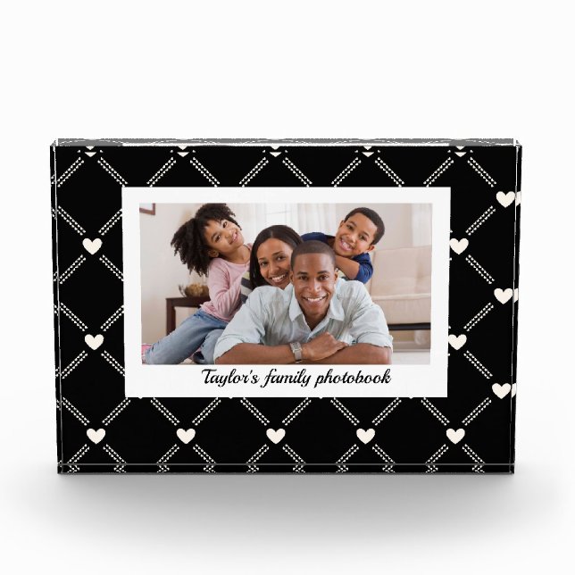 Modern Elegant Hears Pattern and Black Personalize Photo Block (Front)