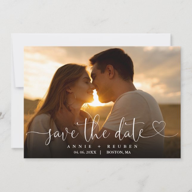 Modern Elegant Heart Script Photo Wedding Save The Date (Front)