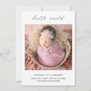 Modern Elegant Hello World Photo Simple Birth Announcement
