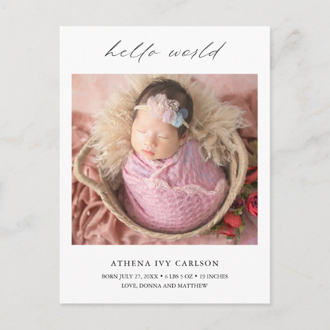 Modern Elegant Hello World Photo Simple Birth Announcement Postcard (Front)