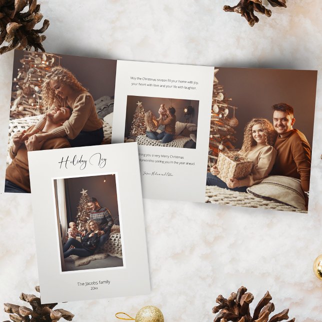 Modern Elegant Holiday Joy Script Photo Tri-Fold Card (Creator Uploaded)