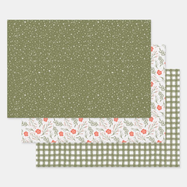 Modern Elegant Holiday Olive Green & Red Gift Wrapping Paper Sheet (Set)