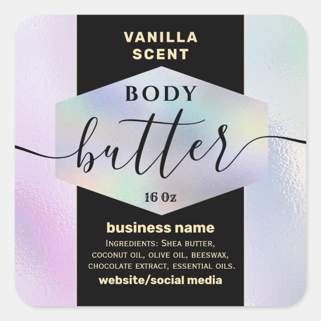 Modern elegant holograph script body butter label (Front)