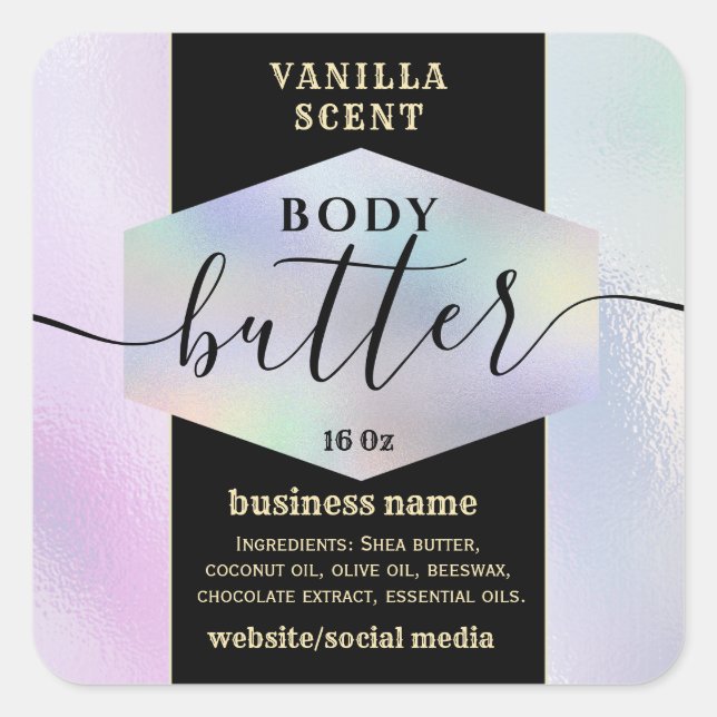 Modern elegant holograph script body butter label (Front)