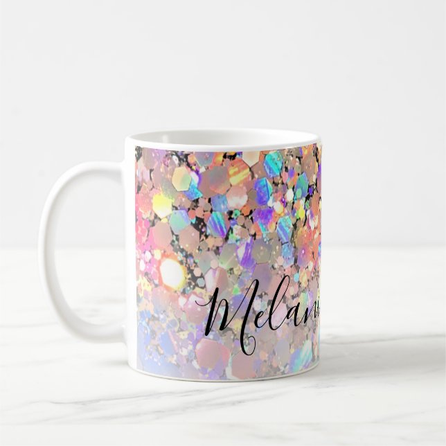 Modern Elegant Holographic Glitter Black Custom Coffee Mug (Left)