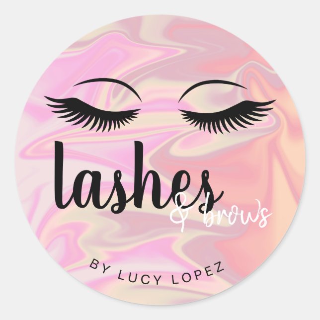 Modern elegant holographic lashes & brows classic round sticker (Front)