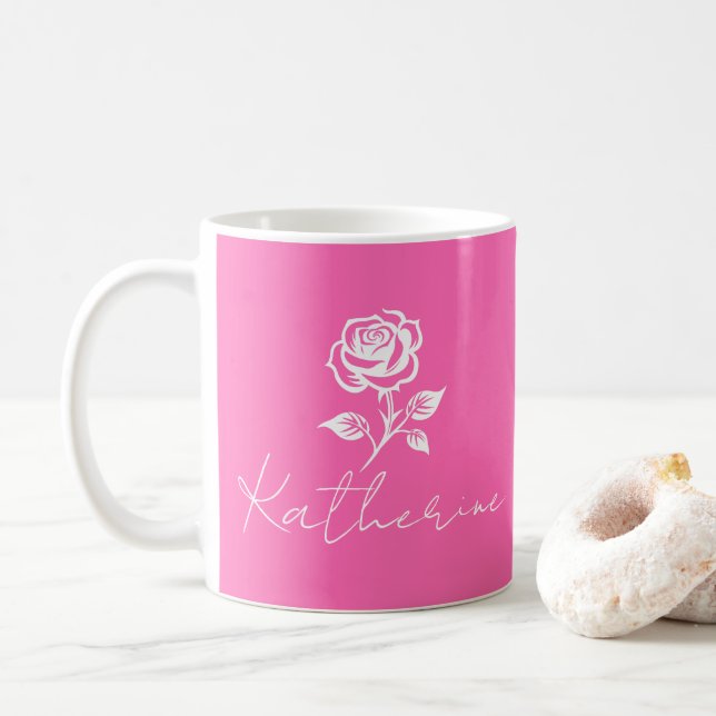 Modern Elegant Hot Pink And Rose Custom Name Coffee Mug (With Donut)