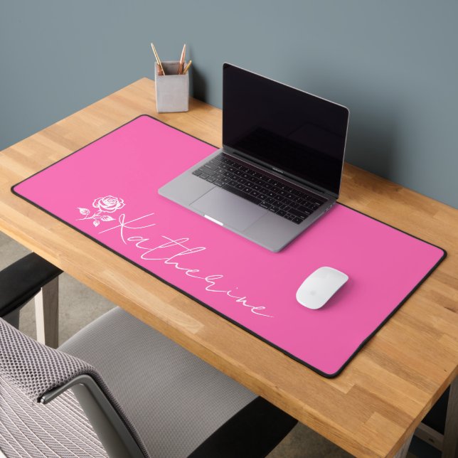 Modern Elegant Hot Pink And Rose Custom Name Desk Mat (Office 2)