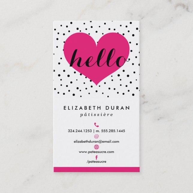 Modern Elegant Hot Pink & Black Hello Heart Custom Business Card (Front)