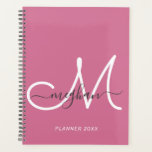 Modern Elegant Hot Pink White Script Monogram 2022 Planner<br><div class="desc">Modern, trendy girly hot pink and white script custom personalized name and monogrammed planner. This simple elegant design features a first name template in cursive hand lettering font with swashes in grey and a huge hand-written monogram initial script in white colour on hot pink, or deep pink background. This feminine,...</div>