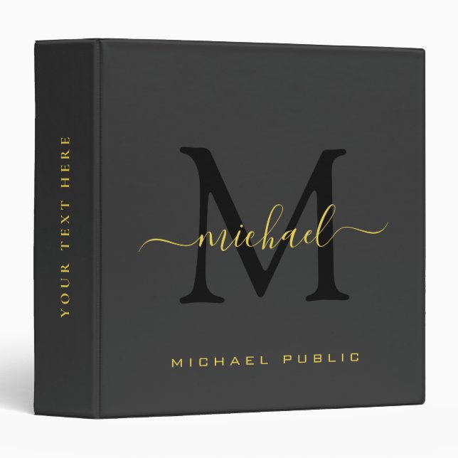 Modern Elegant Initial Monogram Black & Gold Text Binder (Front/Spine)