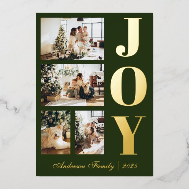 Modern Elegant Joy Christmas Four Photo Script Foil Holiday Card (Front)
