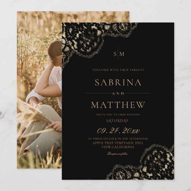 Modern & Elegant Lace Black Wedding  Invitation (Front/Back)