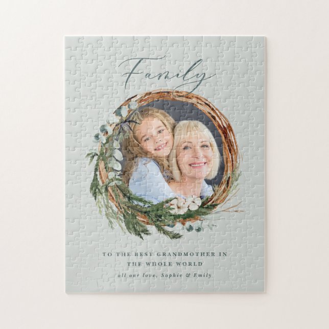 Modern elegant leafy wreath photo script family jigsaw puzzle (Vertical)