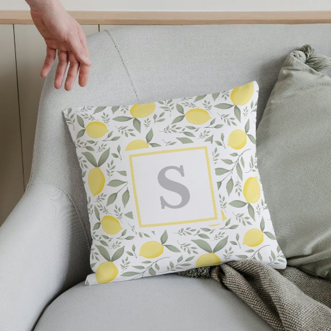 Modern Elegant Lemon Monogram Throw Pillow (Creator Uploaded)