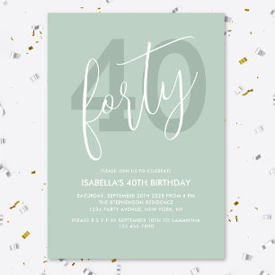 Modern Elegant Light Green White Script 40th Invitation