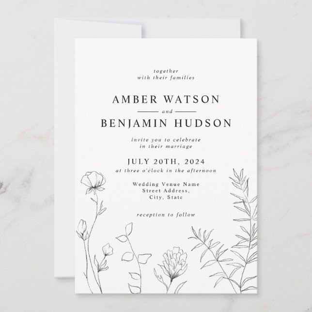 Modern Elegant Line Art Wildflowers Floral Wedding Invitation (Front)
