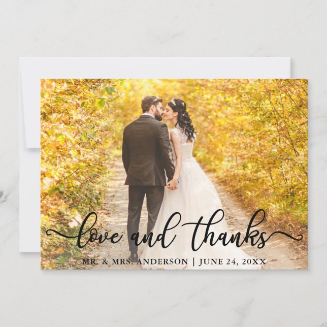 Modern Elegant Love and Thanks | Wedding Photo Thank You Card (Front)