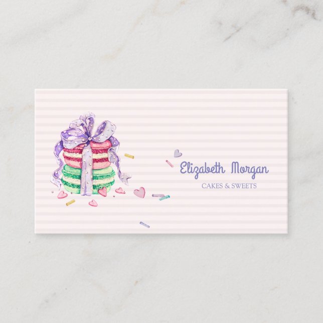 Modern Elegant Macarons,Sweets,Striped Business Card (Front)