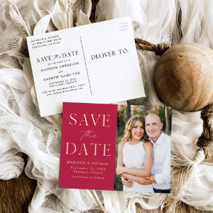 Modern Elegant Magenta Photo Save the Date Foil Invitation Postcard