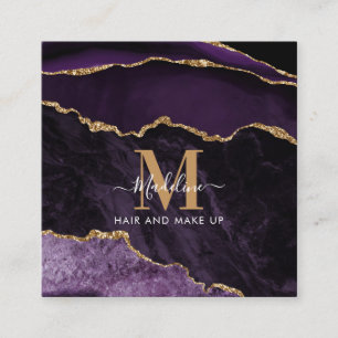Modern Elegant Marble Agate Purple Gold Monogram Square Business Card