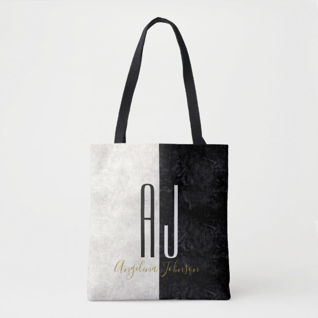Modern Elegant Marble Black and White Monogram Tote Bag (Front)
