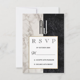 Modern Elegant Marble Black White & Gold Wedding RSVP Card