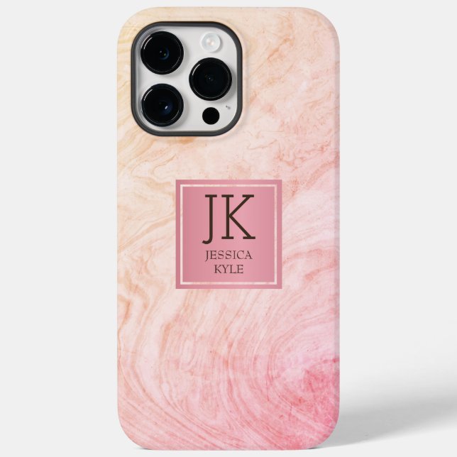 Modern Elegant Marble Pink Metal Monogrammed Name  Case-Mate iPhone Case (Back)