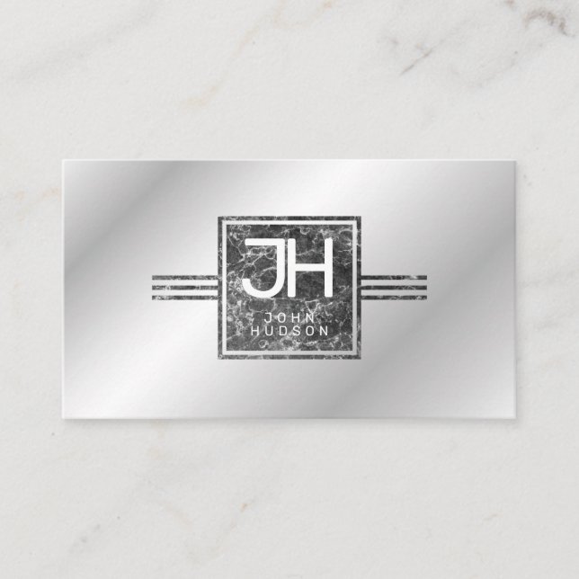 Modern Elegant Marble Silver and Lines Template Business Card (Front)