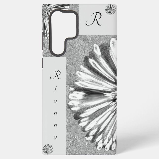 Modern Elegant Marbled Diamond Flower Silver Samsung Galaxy S22 Ultra Case (Back)
