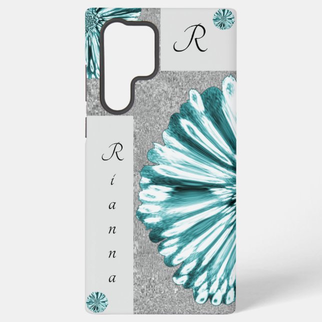 Modern Elegant Marbled Diamond Flower Teal Samsung Galaxy S22 Ultra Case (Back)