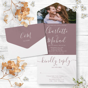 Modern Elegant Mauve Script Photo Wedding All In One Invitation