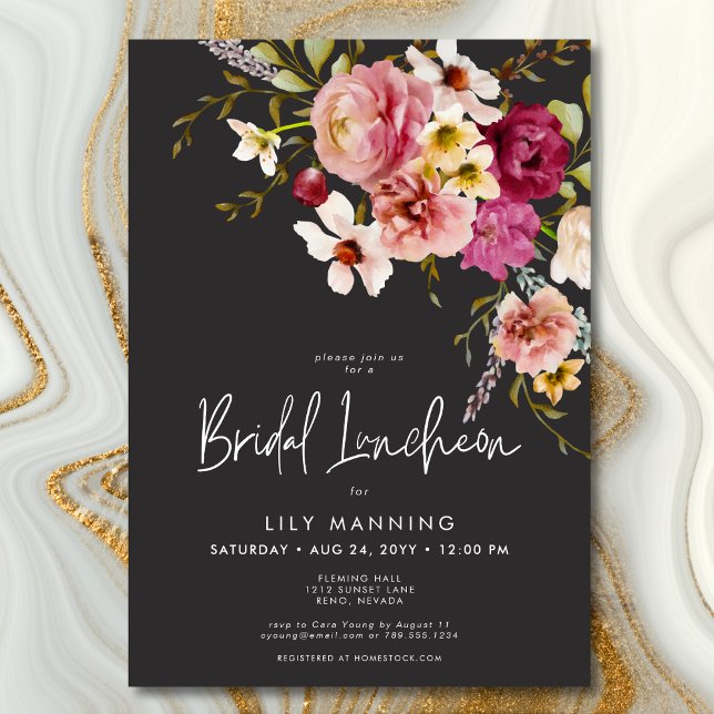 Modern Elegant Meadow Floral Black Bridal Luncheon Invitation (Modern Elegant Meadow Floral Black Bridal Luncheon Invitation)