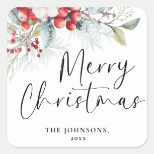 Modern Elegant Merry Christmas Calligraphy Script Square Sticker