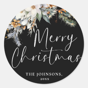 Modern Elegant Merry Christmas Custom Botanical Classic Round Sticker