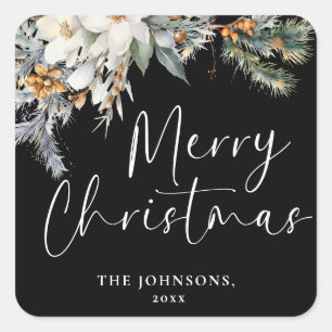 Modern Elegant Merry Christmas Custom Botanical Square Sticker