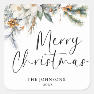 Modern Elegant Merry Christmas Custom Dark Green Square Sticker