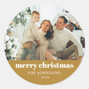 Modern Elegant Merry Christmas Custom Gold Classic Round Sticker