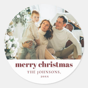 Modern Elegant Merry Christmas Custom Red Classic Round Sticker