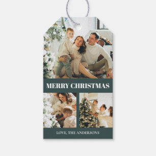 Modern Elegant Merry Christmas Family Photo Green Gift Tags