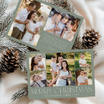 Modern Elegant Merry Christmas Sage Photo Collage Holiday Card<br><div class="desc">Celebrate the season with the Modern Elegant Merry Christmas Sage Green Photo Collage Holiday Card. This stylish design features a 5-photo collage on the front, with 4 square photos surrounding a larger picture at the centre. "Merry Christmas" is beautifully displayed in trendy white lettering on a sage green background. Customize...</div>