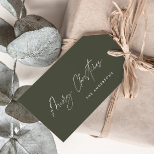 modern elegant merry christmas script green gift tags