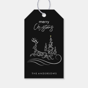 Modern Elegant Merry Christmas Tree and Reindeer Gift Tags