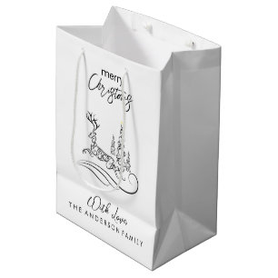 Modern Elegant Merry Christmas Tree and Reindeer Medium Gift Bag