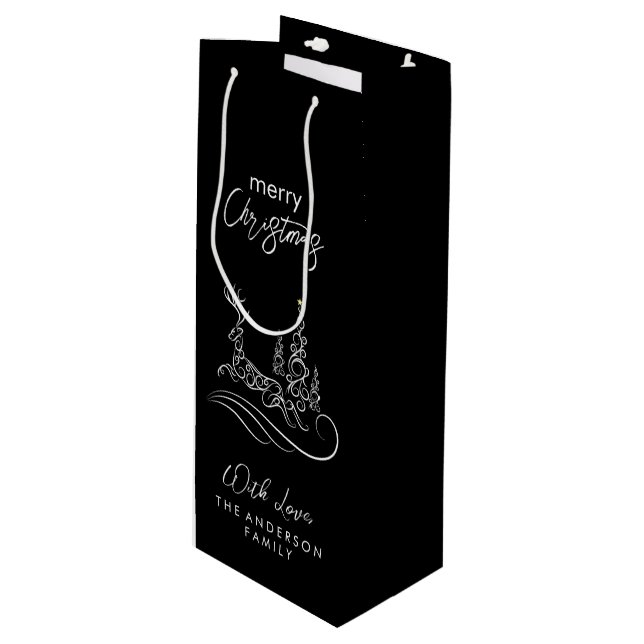 Modern Elegant Merry Christmas Tree and Reindeer Wine Gift Bag (Front Angled)