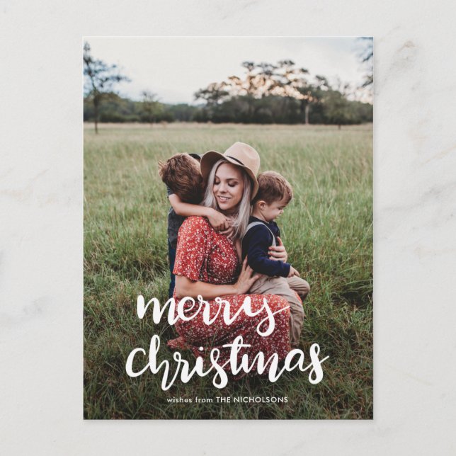 Modern Elegant Merry Christmas White Script Photo Postcard (Front)