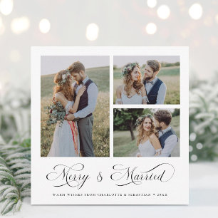 Modern Elegant Merry & Married Script 3 Photo  Holiday Card
