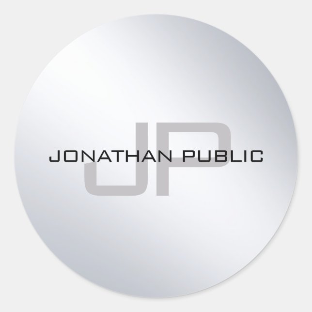 Modern Elegant Metallic Silver Look Monogram Classic Round Sticker (Front)