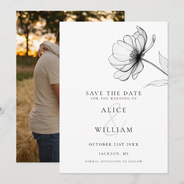 Modern Elegant Minimalist Floral Photo Wedding Save The Date (Front/Back)